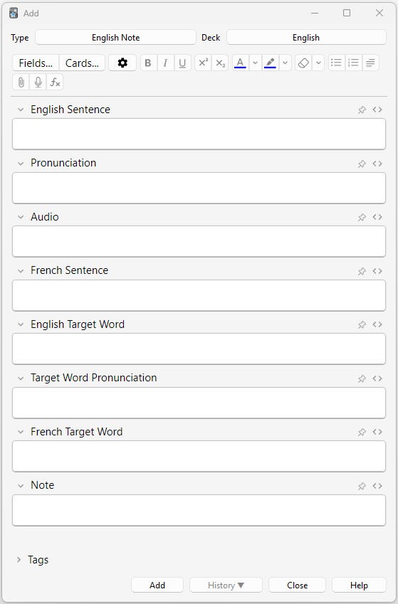 Screenshot showing an Anki empty card template that we'll be recreating in this lesson.